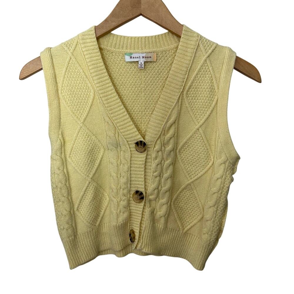 Hazel Moon Crop Cardigan Sweater Vest Butter Yellow Cable Knit‎ Womens Small Top